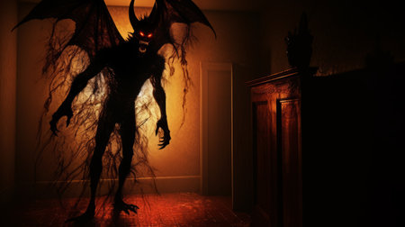 a devil wallpaper featuring a devil with glowing horns, captured in the style of suburban ennui. this haunting image showcases vray tracing and is available in 32k uhd resolution. the late 19th-century aesthetic adds a touch of vintage charm, while the tabletop photography technique beautifully captures the manticore's presence. ai generatedの素材