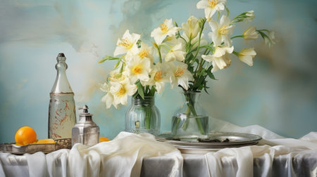 a stunning still life painting featuring freesia flowers, a patterned metal plate, a glass glass, and a plaster sculpture of the little mermaid. the oil painting showcases professional photography concepts with multiple layers, glazes, and soft tones. the composition is loose and expressive, with a beautiful color palette and a backdrop of linen curtains. created by renowned artists such as wojciech gerson, aleksander gierymski, albrechtの素材