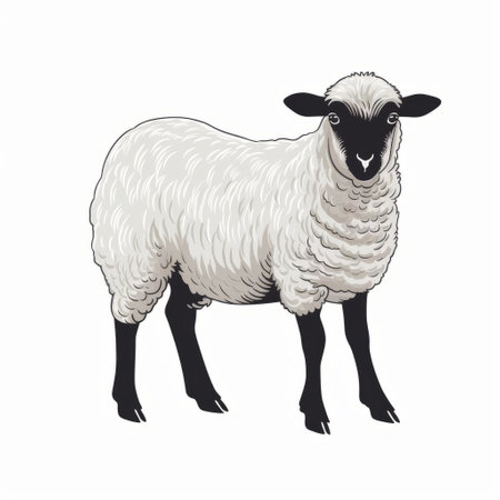 a black and white sheep stands gracefully on a white background, reminiscent of a sophisticated woodblock style. the light gray and light beige tones add depth to the realistic usage of light and color. the hyper-detailed illustrations showcase a beautiful blend of light yellow and light indigo, while subtle hints of light white and light maroon give it a historical touch. ai generatedの素材