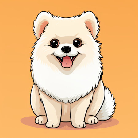 a cute cartoon white dog with a tongue sticking out, depicted in a warm color palette. the dog is richly colored in light orange, resembling the style of chinapunk. the illustration features bold color fields and rounded shapes, reminiscent of persian miniatures. ai generatedの素材