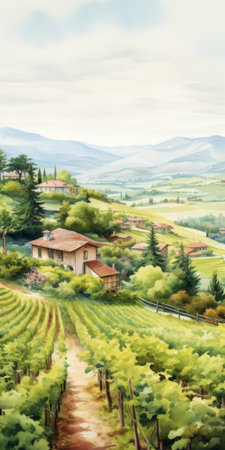 watercolor abstract painting of a wine countryside in the tuscany region. this realistic and hyper-detailed artwork captures the essence of rural america with its detailed shading and contoured rendering. reminiscent of a storybook illustration, this high-resolution piece showcases the beauty of the tuscan landscape. ai generatedの素材