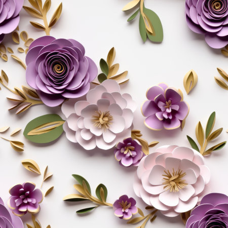 a 3d ambient occlusion and paper quilling artwork showcasing a stunning rose design with a combination of large prunus domestica and golden japan plum. the artwork features various shades of purple, white, and light greens, with the inclusion of greengage plum leaves. this visually captivating piece is presented in 4k resolution, ensuring exceptional detail and clarity. ai generatedの素材