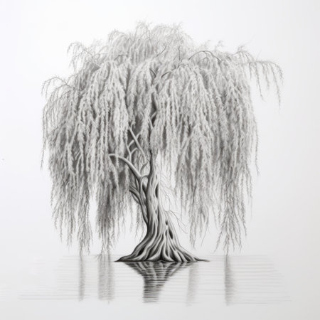 an artwork of a weeping willow, created by sebastian errazuriz, showcases ultra-detailed and precise draftsmanship. the piece creates an illusion of three-dimensionality through delicate pencil sketches and a limited color range. this uhd image captures the intricate beauty of the artwork. ai generatedの素材