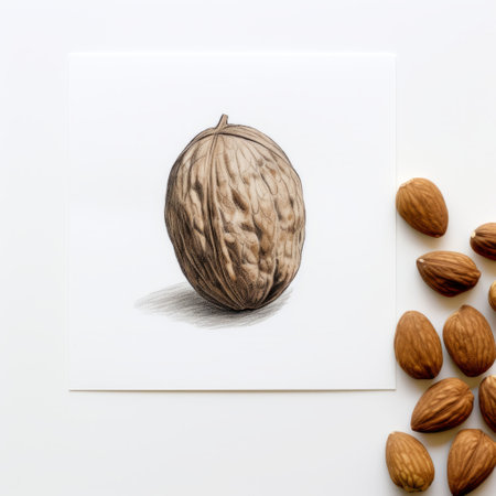 almonds with a leaf in the background, captured in a hyper-realistic style reminiscent of animal illustrations found in national geographic. this commissioned artwork showcases the intricate details of the almonds, highlighting the varying wood grains and minimalist linework. the composition also features spherical sculptures and drawing machines, adding an artistic touch to the overall image. ai generatedの素材