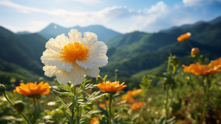 a blooming marigold in the mountains of guangxi, showcasing its white and fluffy petals against a vibrant backdrop. this macro photograph beautifully captures the bright and vivid flowers with a large depth of field, resulting in stunning details. ai generatedの素材