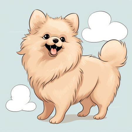 a cute cartoon of a poodle dog with yellow and beige coloring, depicted in a light sky-blue and light beige style. the image features soft gradients, with accents of light crimson and light beige. the poodle has a strong facial expression and a voluminous mass. the design is streamlined, with atmospheric clouds adding to the overall aesthetic. ai generatedの素材