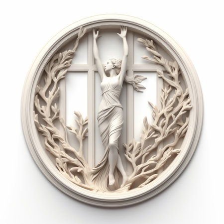 a high-detailed statue of a person holding a bird, reminiscent of arched doorways, showcases the intricate beauty of christian art and architecture. made of vines and featuring circular shapes, this captivating sculpture is crafted with opaque resin panels, emphasizing the isolated figures. ai generatedの素材