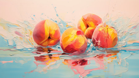 a photo of a vibrant oil painting titled "peaches splash" on a 44x44in canvas. this artwork showcases the style of photorealistic fantasies with realistic color schemes and anamorphic art. the painterly brushwork adds depth and texture to the piece, while the playful watercolors create a lively atmosphere. the high resolution (4k) allows for a detailed viewing experience. ai generatedの素材