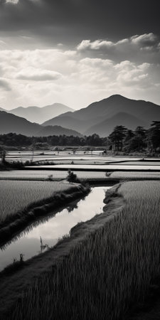 a black and white photo captures a stunning rice field on hills, reminiscent of the heian period. the image showcases dark reflections and realistic landscapes with soft, tonal colors. the bold contrast and textural play add depth to the mountainous vistas. shot with the samyang af 14mm f2.8 rf and zeiss batis 18mm f2.8 lenses. ai generatedの素材
