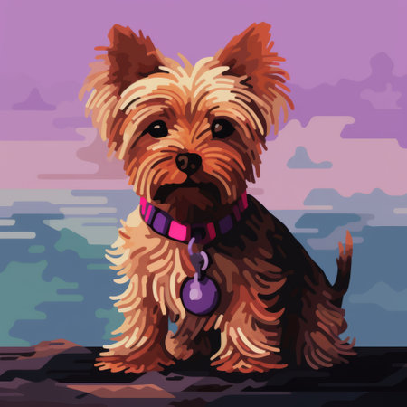 a yorkshire terrier perched on a rock, with a dog playfully sitting on its neck. this pixel-art style image showcases vibrant colors of light maroon and violet. the artwork is reminiscent of realistic marine paintings, stencils, and features richly colored skies. the composition also incorporates elements of wimmelbilder, creating an engaging and visually captivating scene. the overall tone of the image is warm and inviting,の素材