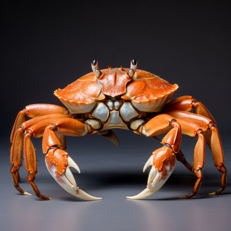 a large crab, with its striking dark orange and light beige colors, sits on a dark surface. this captivating photograph by mike campau showcases the crab's dignified pose, enhanced by softbox lighting. inspired by the larme kei style and natural symbolism, the image evokes a sense of beauty and intrigue, reminiscent of the works of paulus potter. ai generatedの素材