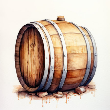 a wooden wine barrel is depicted in this watercolor illustration by gary larson. the artwork showcases a wine barrel on a white background, created in the style of spray painted realism. packed with hidden details, this illustration captures the essence of raw materials used in wine production. ai generatedの素材