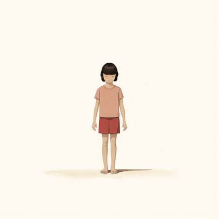 a girl with short hair stands in front of the sun, showcasing a minimalist illustration style. the artwork features a combination of light red and dark beige colors, reminiscent of childhood arcadias and thai art. the realistic anatomies add depth to the illustration, creating a captivating visual. this photo can be found on flickr and has elements of animation. ai generatedの素材
