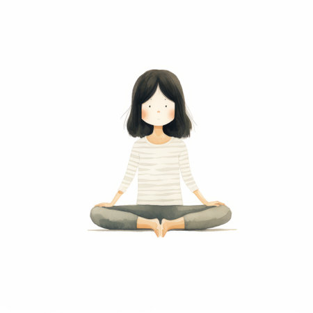a girl meditating in lotus position, captured in a minimalistic portrait style with a whimsical manga influence. the playful and whimsical tone is enhanced by the soft minimalism, using a dark white and light brown color palette. foreshortening techniques are employed to create depth, while the white background adds a sense of tranquility. ai generatedの素材