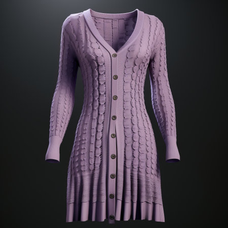 a 3d male cardigan dress in a light violet color, created using photorealistic rendering techniques. the dress features an organic texture and tonal sharpness, giving it a retro-style appearance. with its feminine sensibilities, this cardigan dress is a unique and stylish addition to any wardrobe. ai generatedの素材