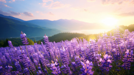 a blooming lavender in the mountains of guangxi, with white fluffy petals, stands out against a bright background. this macro photograph showcases the vivid and realistic details of the flowers, captured with a large depth of field of 16k. ai generatedの素材