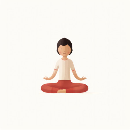 a young woman is depicted sitting in a lotus position, meditating. the illustration style is minimalist, with detailed character design. the color palette consists of dark white and light red, creating a playful character design. the tones used are muted and subtle, giving the image a minimalistic japanese aesthetic. the image is high resolution. ai generatedの素材