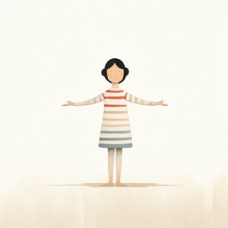 a red girl with her arm out is depicted in this illustration, showcasing soft colors and a striped pattern. the style of the artwork is reminiscent of beijing east village, with elements of soft minimalism and detailed character expressions. the figuratively textured image is characterized by muted colors, creating a visually captivating composition. ai generatedの素材