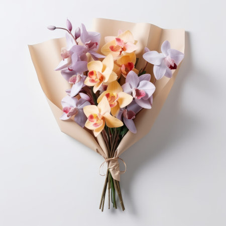 a bouquet of paper orchids, in a blend of light purple, light orange, light yellow, and light indigo hues, is artfully arranged on a white background. the vibrant florals, made from natural fibers, create a stunning visual contrast. this captivating image captures the beauty and delicacy of the orchids, showcasing their vibrant colors and intricate details. ai generatedの素材