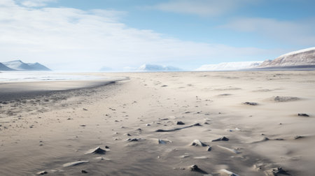 an icelandic ice sheet surrounded by oceans and lava fields is captured in this photo taken with the carl zeiss distagon t 15mm f/2.8 ze lens. the light sky-blue and beige tones create an atmospheric environment, while the flattened perspective showcases the en plein air beach scenes. the image features dusty piles and sparse surroundings, adding to its unique composition. ai generatedの素材