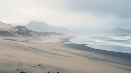 footprints on the sand near water create a captivating scene in this layered and atmospheric landscape photograph. the expansive landscape, soft mist, and desertwave-like appearance evoke a sense of tranquility and mystery. with muted tones and organic forms, this national geographic-worthy photo transports viewers to cinematic sets of natural beauty. ai generatedの素材