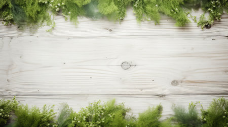 a modern winter decoration background on wooden veneer with pine branches en masse. the style is light, white, and green, featuring intricate and delicate flower and garden paintings. the minimalist photography captures the beauty of the elaborate borders. this tabletop photography is done using a fujifilm fp-100c film, creating a stunning combination of green and gray tones. ai generatedの素材