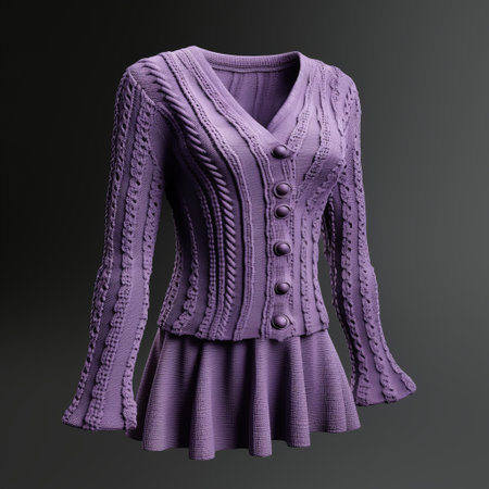 a purple female fashion outfit featuring a sleeveless sweater with authentic details and a twisted imagination. the style is reminiscent of zbrush with low resolution, victorian influences, and impasto texture. the romantic colors add a touch of elegance to this unique ensemble. ai generatedの素材