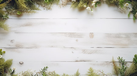 a white frame adorned with a vibrant arrangement of flora and greens is elegantly suspended on a white wooden backdrop. this captivating photo captures the essence of rustic americana with its light beige and white color palette. the aerial perspective adds a touch of dynamism to the composition, while the subtle tonal variations create a visually pleasing tableau. the frame, made entirely of flowers, offersの素材