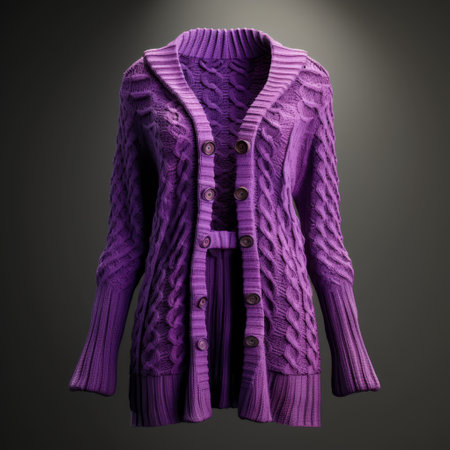 a purple knitted cardigan 3d model, digitally manipulated in the style of zbrush. this design showcases the use of screen tones and a tonal approach. inspired by traditional chinese aesthetics, it features a multi-layered composition. the vibrant colors resemble the iconic fujifilm velvia film. ai generatedの素材