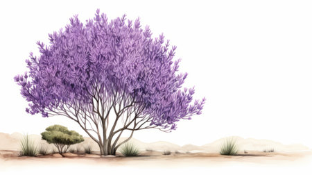 purple plants tree in the desert watercolor portrait illustration by svtilisco. this realistic and hyper-detailed rendering captures the beauty of the australian landscape with its simplified colors and impressive panoramas. the spiky mounds add a unique touch to this illustration, reminiscent of a persian miniature. ai generatedの素材