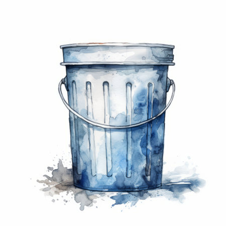 a blue and orange bucket with vibrant splashes of watercolor, showcasing the trashcore style. this realistic illustration skillfully captures the interplay of light and shadow. the dusty piles and burnedcharred elements add a touch of monochromatic intensity, while also raising awareness about environmental issues. ai generatedの素材