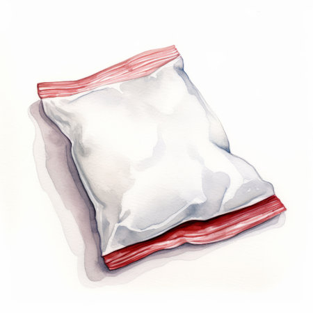 a white food bag by anna tavri, featuring watercolor-style illustrations. the bag is predominantly dark red and white, with a perspective rendering that adds depth. the artwork has a speedpainting aesthetic, with soft lighting that enhances the creased texture. this image is available under a creative commons attribution license. ai generatedの素材