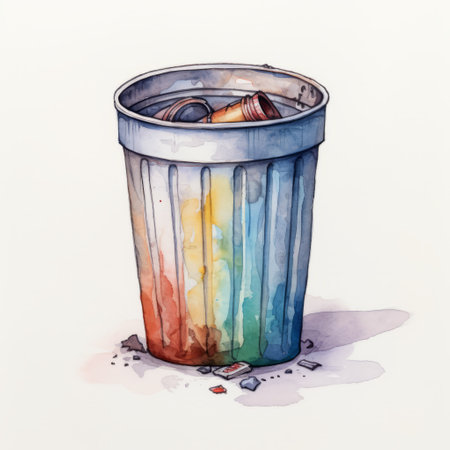 a watercolor trash can, filled with trash, is depicted in this stock illustration. the artwork follows the rainbowcore style, combining elements of harsh realism with light indigo and amber hues. this conceptual art piece explores the theme of recycling, showcasing hyper-realistic details. ai generatedの素材