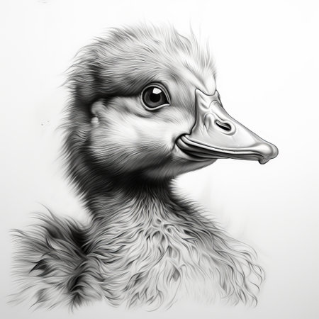 the baby duck drawing by artist jack symen showcases a monochrome portrait in the style of zbrush. this graphic illustration captures the artist's attention to detail, particularly in the texture of the fur and feathers. with a light gray color palette, this illustration highlights the intricate character design of the adorable baby duck. ai generatedの素材