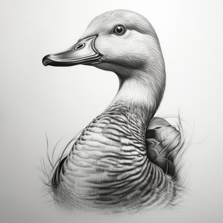 a duck sketch art created by dexyne mclean and andrew cosgrove, featuring a realistic hyper-detailed rendering in a detailed monochrome style. this artwork draws inspiration from the works of patricia piccinini, vittorio reggianini, and peter coulson. the image showcases hand-drawn elements and is presented in ultra-high definition (uhd). ai generatedの素材