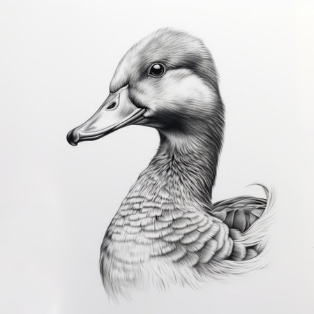 a realistic hyper-detailed portrait-style illustration by magali villeneuve featuring a drawing of a duck. two pencils are placed next to the duck. the image showcases a light gray and dark azure color palette against a clean white background. this uhd image displays clean and sharp inking. ai generatedの素材