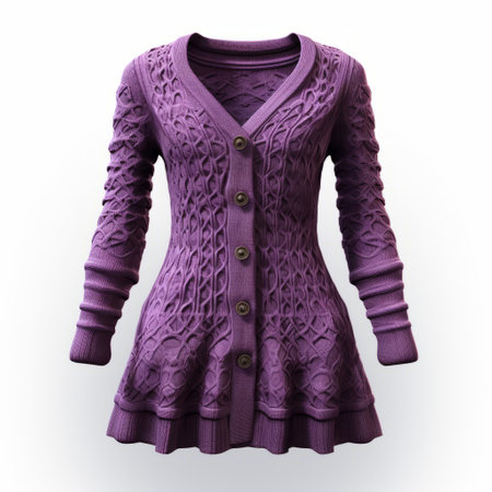 a stunning purple cardigan, featuring a long length and exquisite ornate details. this ready-to-wear garment showcases a photorealistic rendering style, with high-definition mod and fractalpunk influences. rendered in maya by the talented artist arthur hughes, the cardigan's monochromatic scheme adds to its allure. ai generatedの素材