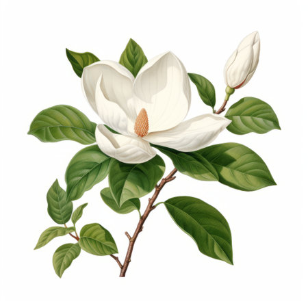 a stunning vector illustration of a flower with leaves on a branch, inspired by the style of magali villeneuve. the white flower is depicted with realistic color schemes, reminiscent of the works of henry scott tuke, an architectural illustrator known for his attention to realistic detailing. the illustration also showcases influences from zen buddhism, creating a serene and harmonious composition. ai generatedの素材
