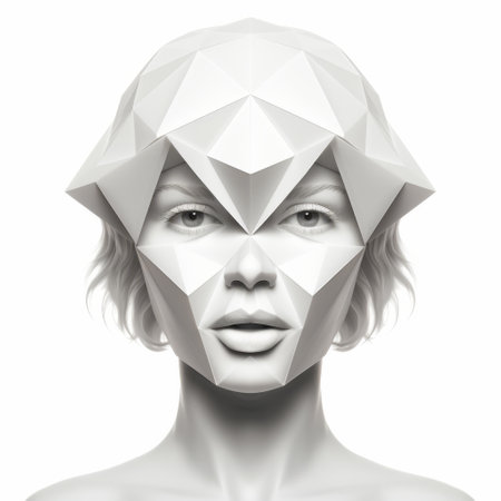 skulllike head of a woman in a 3d rendering, showcasing geometric scaly shapes and cubist faceting. the white background enhances the sculptural costumes and monochromatic white figures. this eye-catching composition features symmetrical arrangements, adding a unique touch to celebrity portraits with personality. ai generatedの素材