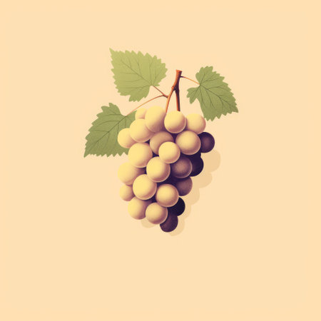 a photo of a white-style illustration featuring a grapes vine design. the illustration has a nostalgic color palette and minimal retouching. it is in the style of illustrated advertisements and has an isometric perspective. the image showcases a single object, a bunch of grapes, against a beige background. ai generatedの素材