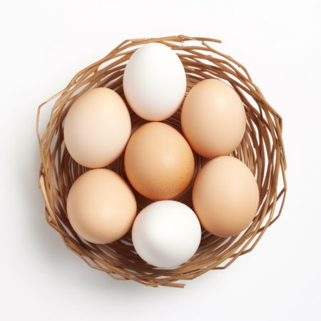 white eggs are arranged neatly in a basket filled with a variety of nuts, creating an intriguing contrast against the white background. this composition, reminiscent of complexity theory and the artistic style of yasushi nirasawa, showcases a harmonious blend of light orange and dark beige tones. the use of engineering construction and design principles, along with the incorporation of bentwood elements, adds a touch ofの素材