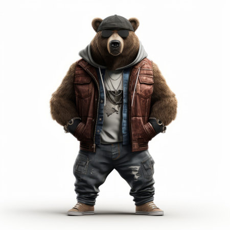 a bear dressed as a rapper, wearing oversized glasses, is depicted in this photorealistic rendering by artists duffy sheridan and brian sum. the image showcases the bear's full body, with a high level of detail in ultra-high definition. the artwork by alpo jaakola is characterized by its sparse and simple style. ai generatedの素材