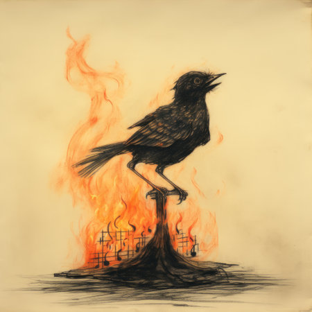 a bird perched on a fiery pile of paper music, reminiscent of gothic illustrations. the expressive life drawings, inspired by clive barker and felix philipp kanitz, feature a captivating blend of light amber and black. this horror-inspired image carries a subtle satire, creating a unique visual experience. ai generatedの素材