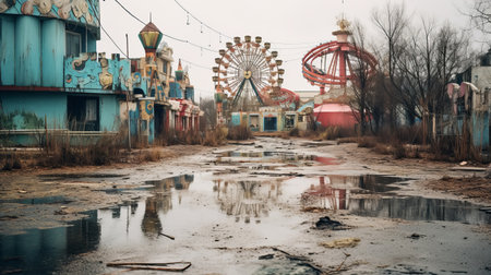 abandoned buildings in an old amusement park create surreal and dreamlike landscapes, reminiscent of mirrored realms. this photograph captures the essence of american urban life, with dusty piles and an apocalyptic landscape. the carnivalesque atmosphere adds to the mystique of this matte photo. ai generatedの素材