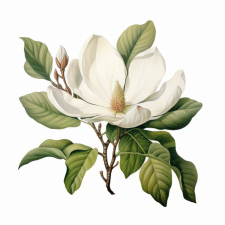 a magnolia flower, beautifully blooming against a white background, is captured in this photo. the style of the image resembles painted illustrations, with highly detailed foliage in shades of white and beige. the color scheme is realistic, reminiscent of the works of edward poynter and patrick brown. the photo exudes a sense of religious symbolism. ai generatedの素材