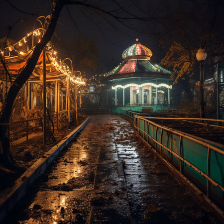nighttime walkway outside a fallen city, reminiscent of eastern orthodox icons. moody colors and a festive atmosphere create a captivating scene. this uhd image captures the ethereal beauty with its light green and orange hues. a national geographic photo that evokes a sense of mystery and intrigue. ai generatedの素材