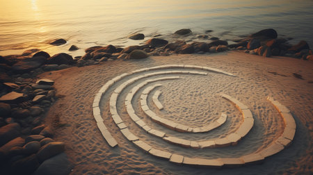 an abstract circular sand noodle, resembling minimalist stage designs, rests on a beach near the water. the noodle features spirals, reminiscent of stone sculptures and luminist landscapes. this unique creation showcases eco-friendly craftsmanship, made from recycled materials. its presence adds a touch of solarizing mastery to the serene coastal scenery. ai generatedの素材