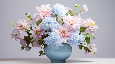 a charming and captivating image featuring a cute and colorful arrangement of petunias and white chrysanthemums in a vase. styled with light sky-blue and light pink colors, this pastoral-inspired arrangement exudes a romantic charm. the overall color scheme of light amber and blue adds to its eye-catching appeal. ai generatedの素材