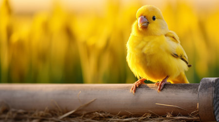 a small yellow bird perches on a bamboo fence branch, showcasing sun-kissed palettes and a dreamy atmosphere. this cute and joyful bird, captured with focus stacking technique, exudes an optimistic vibe. the photo's smilecore aesthetics and danish design elements make it a contest winner. ai generatedの素材