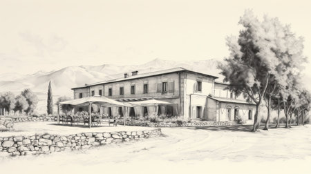the photo showcases forte gioia, a hotel located in rome, italy. the artwork is created using pen and ink, in a style that resembles photorealistic rendering. the image depicts rural landscapes with mountainous vistas, reminiscent of whistlerian and california plein air paintings. the uhd image features muted and subtle tones, adding to its overall aesthetic appeal. ai generatedの素材